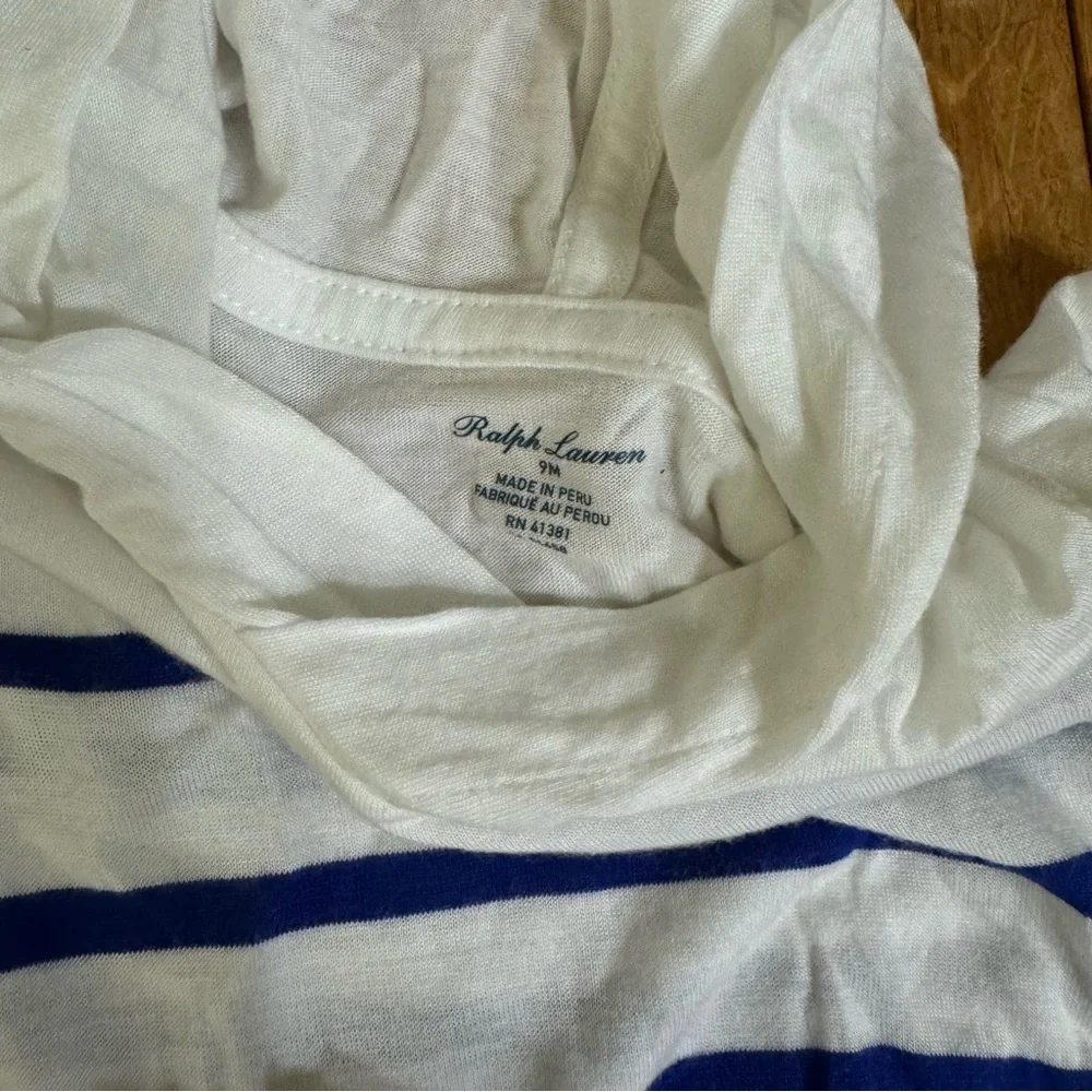 Ralph Lauren Baby Girls White Blue‎ Striped Hooded Long Sleeve Modal Dress 9M